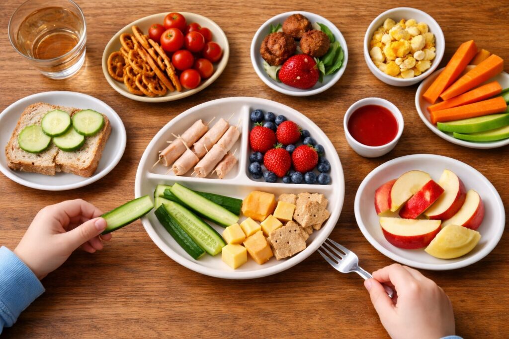 Ein Tisch mit kleinen Portionen verschiedener Lebensmittel, kindgerecht angerichtet.